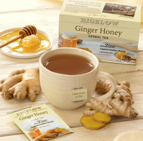 Bigelow Ginger Honey Plus Zinc, Caffeine-Free Herbal Tea Bags — 18 Count (Pack of 6)