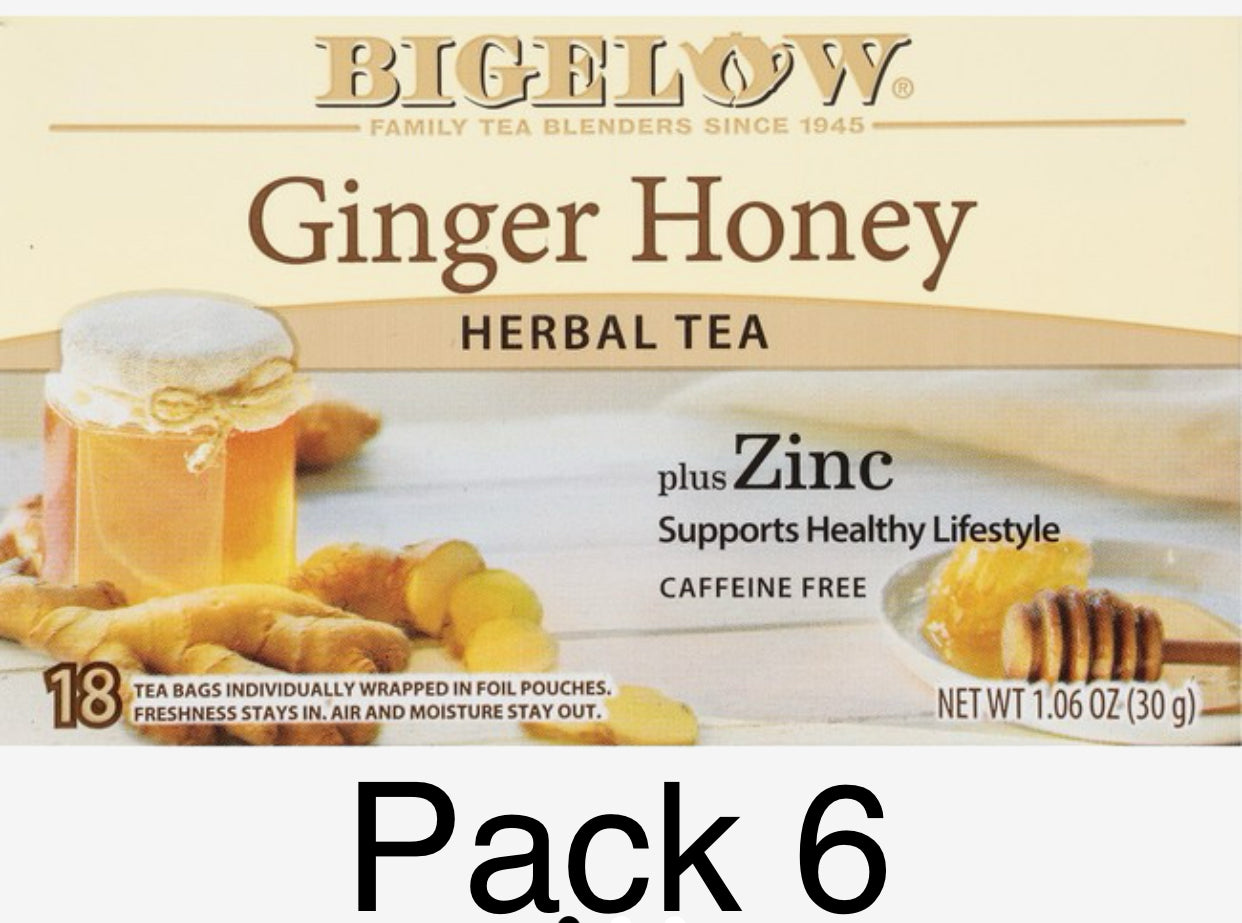 Bigelow Ginger Honey Plus Zinc, Caffeine-Free Herbal Tea Bags — 18 Count (Pack of 6)
